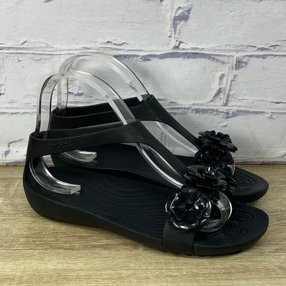 Crocs Serena Embellished Black Floral Sandal Women's 7 Comfort T-Strap Slingback - Picture 1 of 8
